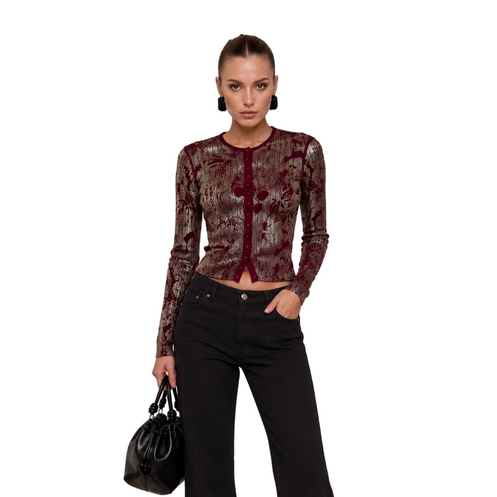 Vintage John Galliano Burgundy Metallic Floral Knit Cardigan Sweater Size S